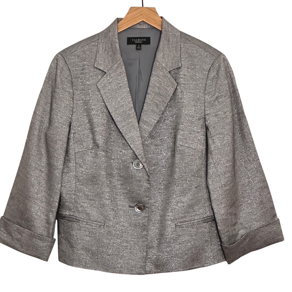 Talbots Women Jacket 14 Silver Metallic Linen Blend Festive Holdiay Quiet Luxury